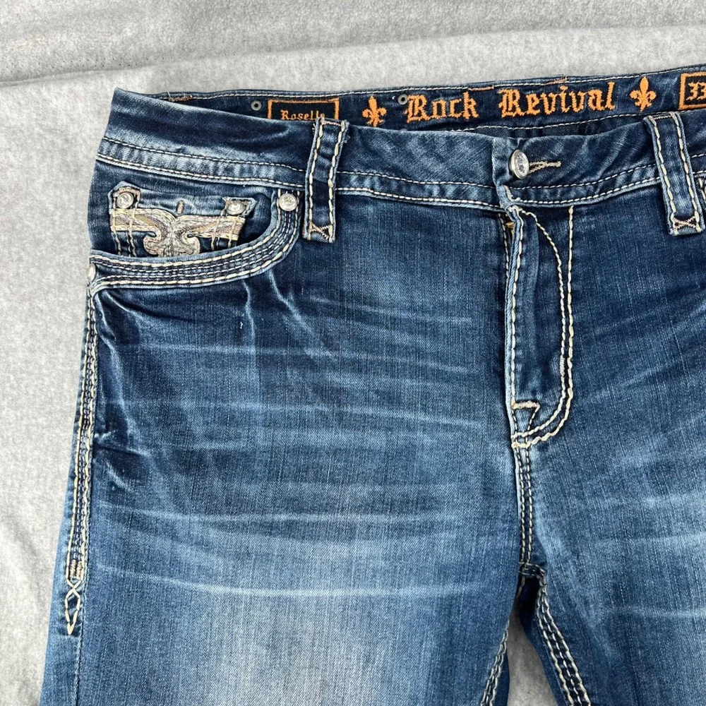 Rock Revival Roselle E Easy Boot Jeans Blue Embroidered Flap Pocket Size 33